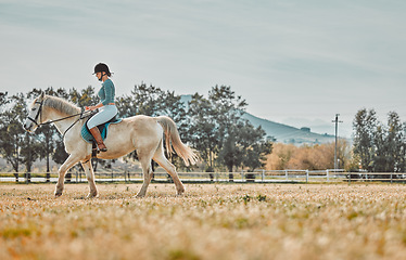 Image showing Exercise, woman riding horse and training for competition, hobby and outdoor with passion for sports. Workout, female and athlete with pet, ranch and outside for practice, fun and on summer vacation
