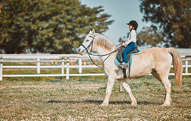 Image showing Horse riding, child equestrian and countryside with mockup and girl ready for sports training. Countryside, pet horses and outdoor sport with ranch animal in nature with mock up, mountains and grass