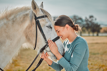 Image showing .Happy, horse and hug with woman in countryside for adventure, race and embrace. Relax, smile and equestrian with girl jockey and pet and affection on ranch for travel, therapy and animal care.