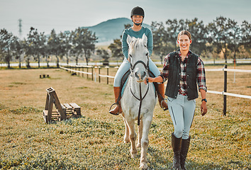 Image showing .Horse, portrait and mockup with a woman coach training a student on horseback at a farm or ranch. Equestrian, agriculture and countryside with a trainer teaching a female about horseriding outside.