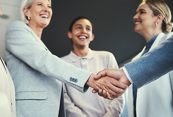 Image showing Handshake, acquisition and senior business people at investment deal, b2b contract agreement or negotiation meeting. HR hiring welcome, thank you and intern job interview with human resources manager
