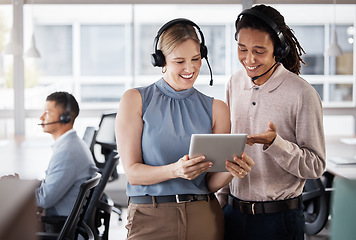 Image showing Call center, customer support and consultants on a tablet in the office planning a crm strategy. Telemarketing, customer service and team of agents doing research on a mobile device in the workplace.