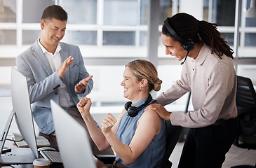 Image showing Customer service team, consulting or happy woman celebrate telemarketing on contact us CRM or ERP telecom. Information technology success, ecommerce diversity or people support call center consultant