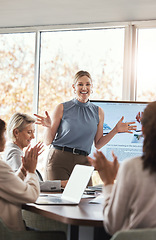 Image showing Business presentation, woman and applause at team building seminar for company growth. Working, market research data and workshop of a female manager with marketing group in office with tech