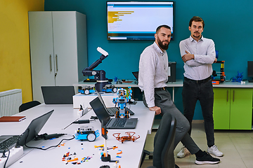 Image showing A group of colleagues collaborate in a lab while testing a 3D printer, demonstrating their commitment to technological advancement and scientific research.