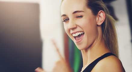 Image showing Gym portrait, rock sign and woman in fitness success, winning and workout energy for health goals. Happy face of young sports, athlete or person with training challenge, sports action and wellness