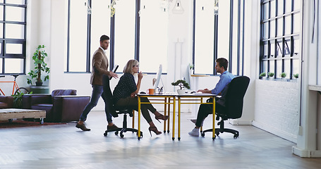 Image showing Meeting, partnership and employees in designer office for planning and strategy discussion at startup agency. Business people, collaboration and design team sharing plan, creative vision and ideas.