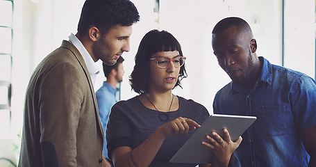 Image showing Digital tablet, planning and business people in the office doing research for a corporate project together. Collaboration, professional and team of employees working on a report on a mobile device.