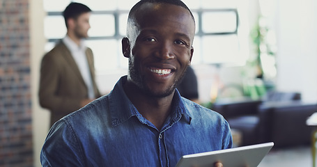 Image showing Portrait, internship and black businessman at tech startup with a tablet in an office, workplace and company. Young, internet and man employee or worker confident, smile and happy entrepreneur