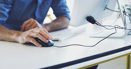 Image showing Hand, computer mouse or hacker man for cybersecurity, app coding or data analysis in office. Programmer, developer or employee on tech for software code, programming or startup analytics review