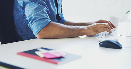 Image showing Coding, computer or man hands on keyboard for cybersecurity, app research or SEO networking in office. Programmer, developer or employee on tech for software code, programming or startup web review