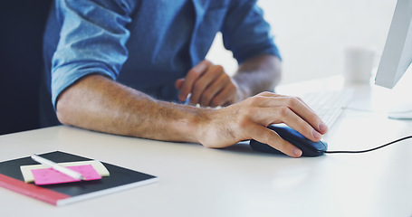 Image showing Search, computer or developer man hands for cybersecurity, app coding or data analysis in office. Programmer, hacker or employee on tech for software code, programming or startup analytics review