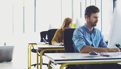 Image showing Computer, startup or serious man in office thinking for cybersecurity, app coding or networking. Focus, developer or employee typing on tech for software code, programming or website server review