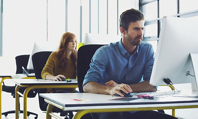 Image showing Search, research or hacker man for cybersecurity, app coding or data analysis in office. Programmer, developer or employee typing on tech for software code, programming or startup analytics review