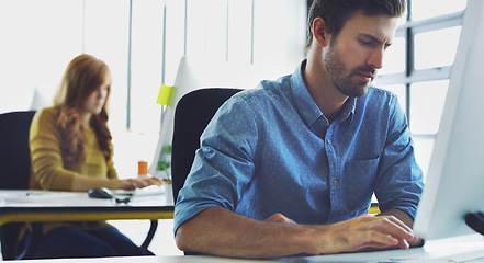 Image showing Computer, research or hacker man for cybersecurity, app coding or data analysis in office. Programmer, developer or employee typing on tech for software code, programming or startup analytics review