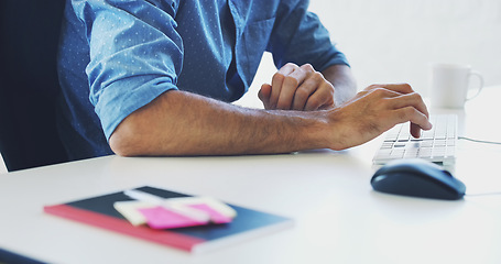 Image showing Research, computer or hacker man hands for cybersecurity, app coding or data analysis in office. Programmer, developer or employee on tech for software code, programming or startup analytics review