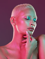 Image showing Skincare, neon beauty and woman with eyes closed, makeup and lights in creative advertising on studio background. Cyberpunk, art girl and model isolated in futuristic skin care mock up space