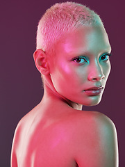 Image showing Skincare, cosmetics and portrait of woman with neon makeup and lights for creative advertising on studio background. Cyberpunk, product placement and model isolated for and futuristic beauty mockup.