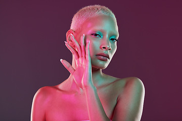 Image showing Skincare, beauty and portrait woman with neon makeup and lights in creative advertising on studio background. Cyberpunk, fantasy and model isolated for skin care and futuristic mockup space