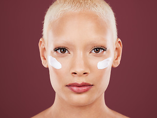 Image showing Skincare, beauty and portrait of woman with lotion on face, cosmetics and skin product on studio background. Dermatology, facial treatment and model isolated with mock up, anti ageing care and glow