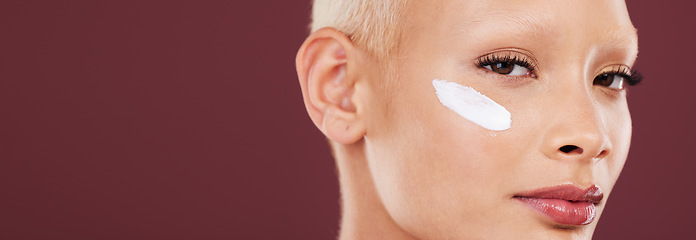 Image showing Skincare, beauty and portrait of woman with cream on face, cosmetics and skin product on studio background. Dermatology, spa facial treatment and model isolated with mockup, anti ageing care and glow