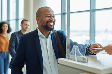 Image showing Counter, ticket and black man in airport for passport check or in hotel line for travel service. Happy customer person at security booth or glass window for business booking and buying pass at seller