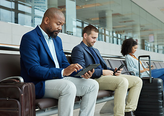 Image showing Lobby, airport and people on technology for online flight booking, information or travel schedule. Digital app, news and business black man on tablet for immigration, international or job opportunity