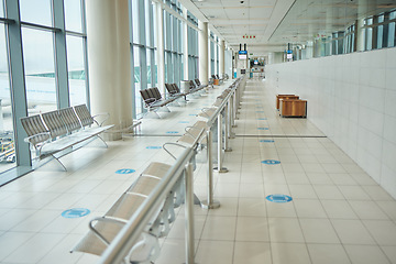 Image showing Background of empty airport, lounge hallway and chair furniture in waiting room of departure gate for global journey. Airplane lobby, seat or space of commercial flight, building interior or terminal