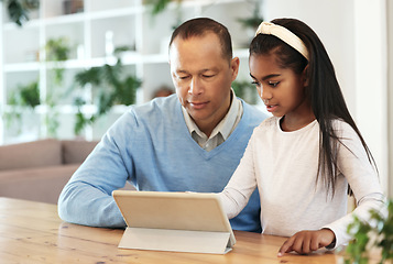 Image showing Family, grandfather and kid with tablet, happy with technology and streaming online with app. Love, care with man and girl watching cartoon together, happiness and bonding with wifi at home