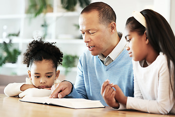 Image showing Books, learning and reading with grandfather and children for education, fantasy or bonding. Happy, story and retirement with girl listening to old man in family home for knowledge and fairytale