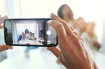 Image showing Smartphone photography, screen and hand with family at home, taking picture and memory with love and care. Technology, closeup and people together with focus, lens and photographer, app and phone