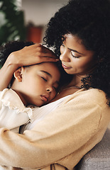 Image showing Family, mother with sleeping child and love, peace and calm with relationship, care and relax at home. Content, black woman and tired girl with bond, comfort and hug with safe place, dream and sleep