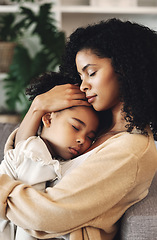 Image showing Family, mom with sleeping child and love, peace and calm with relationship, care and relax at home. Content, black woman and tired girl with bond, comfort and hug with safe place, dream and sleep