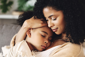 Image showing Family, mother with sleeping kid and love, peace and calm with relationship, care and relax at home. Content, black woman and tired girl with bond, comfort and hug with safe place, dream and sleep