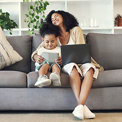 Image showing Mother, child and technology in family home living room for remote work, online education and wifi. Woman laugh and girl with laptop and table on couch for internet learning, game and funny movies