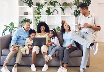 Image showing Home, big family and laptop on couch learning with online education, games or movie. Parents, grandparents and children relax together on sofa with internet for quality time streaming and bonding