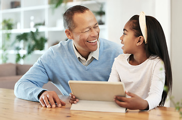 Image showing Family, grandpa and child with tablet, happy with technology, communication and app with quality time together. Love, care and talking with man and girl, happiness and bonding, online with wifi