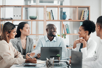 Image showing Business, black man or group in meeting, budget planning and conversation in workplace, brainstorming and fintech. Teamwork, Nigerian male leader and staff talking, accounting and portfolio for sales