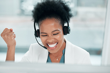 Image showing Crm celebration, telemarketing success and black woman in a call center with customer support. Web consultant, happy and lead generation worker at a office computer with a smile from consultation