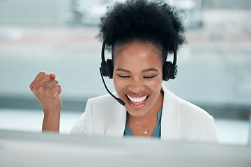 Image showing Crm success, telemarketing and excited black woman in a call center with customer support. Web consultant, happy and lead generation worker at a office computer with a smile from consultation sale