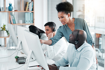 Image showing Crm, black people or manager in call center coaching or training worker and helping with networking advice. Computer, startup or African insurance agent in communication at customer services for faq