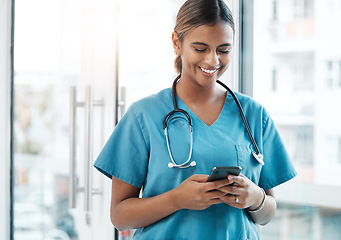 Image showing Contact, social media and doctor with a phone for communication, email and schedule. Internet, reading and woman nurse typing on a mobile for an app chat, healthcare research and conversation