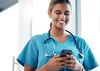 Image showing Nursing, social media and doctor with a phone for communication, email and schedule. Medicine, internet and woman nurse typing on a mobile for an app chat, healthcare research and conversation