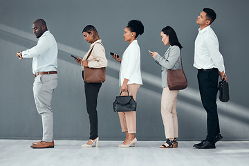 Image showing Business recruitment, line waiting and interview meeting with we are hiring candidates on phone. Hr, digital scroll and watch check of corporate people in a office for onboarding and human resources