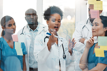 Image showing Brainstorming, presentation and medical with black woman in meeting for research, teamwork and strategy with sticky note board. Healthcare, planning and idea with doctors for goals, medicine and data