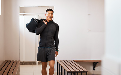 Image showing Sports, fitness and man in gym locker room with smile ready for game practice, exercise and training. Active lifestyle, sport club and male athlete with bag prepare for workout, wellness and health