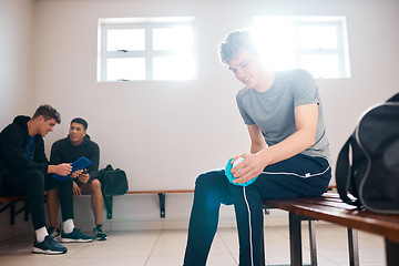 Image showing Sports, knee pain and man in with ice for injury in gym locker room from workout, exercise and training. Medical care, wellness and male athlete for joint ache, muscle strain and fitness accident