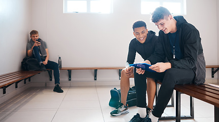 Image showing Sports, coach and men in gym locker room in strategy discussion for practice, exercise and training. Fitness health, club and male athletes with clipboard, planning and talking for workout routine