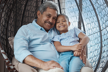 Image showing Grandparent, girl portrait and smile with love, support and care of senior man and child at home. Living room, retirement and elderly grandfather with kid and happiness together in a house with joy