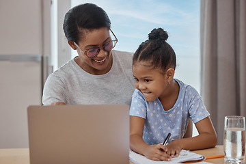 Image showing Education, e learning and home school for girl with mother at a table for writing, lesson and online class. Distance learning, laptop and child student with mom in a living room, helping and bonding